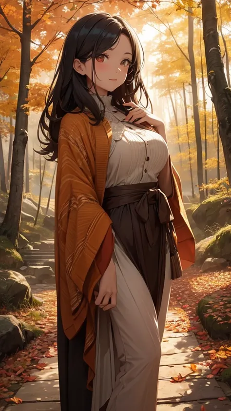 (best quality,highres,realistic)A girl walking through a row of trees, surrounded by the vibrant colors of autumn foliage. The girl, in her mid-30s, has sleek black hair that cascades down her back and striking red eyes that reflect the beauty of the seaso...