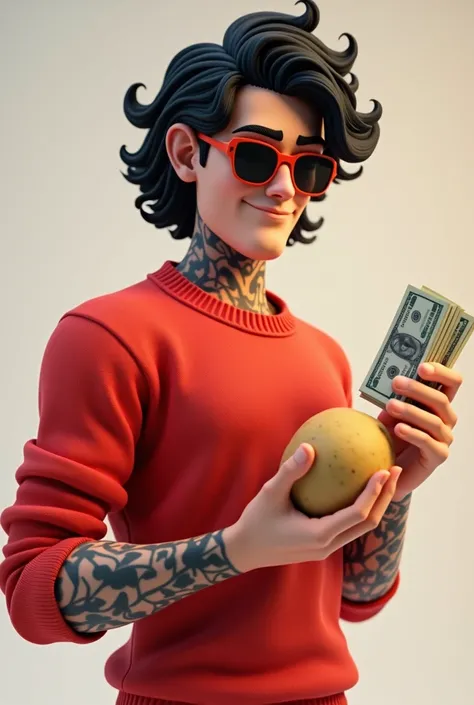 Create an animated 3D illustration of a curly-haired guy wearing a red sweater with cool tattoos wearing sunglasses with his right hand holding a potato facing forward with his left hand holding money.
