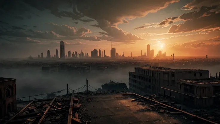 a desolate, abandoned city skyline at dusk, destroyed buildings, crumbling infrastructure, apocalyptic atmosphere, dramatic lighting, moody colors,post-apocalyptic, detailed, hyper-realistic, volumetric fog, cinematic, 8k, award-winning concept art, master...