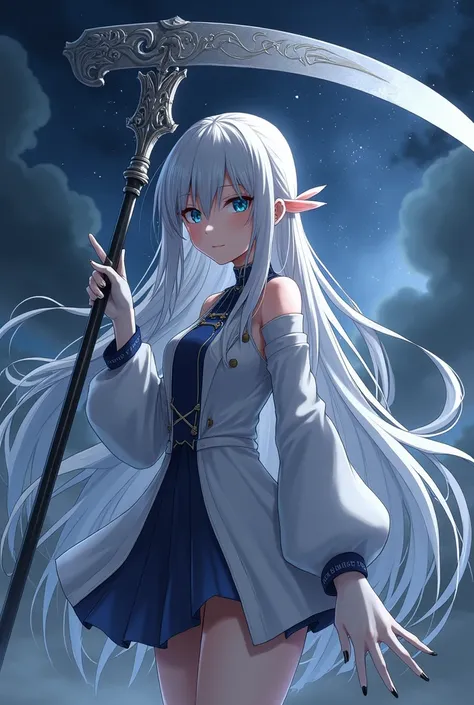 Silver long hair anime girl，White Gloves，giant scythe，anime style，Night sky