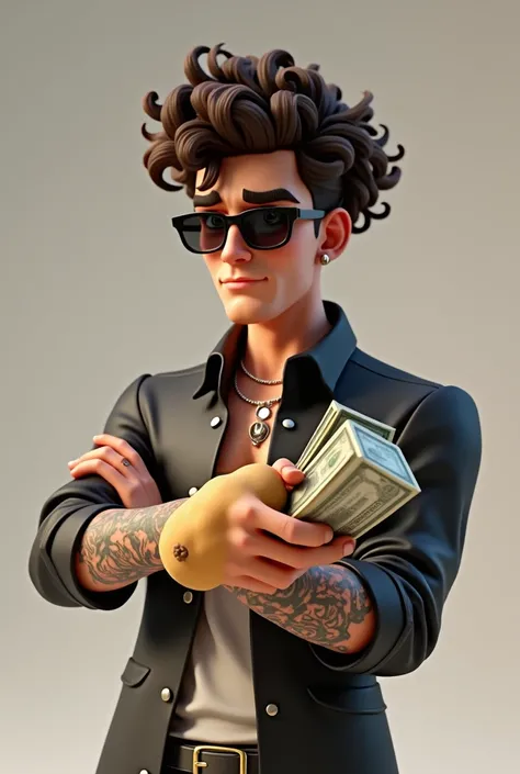 Create an animated 3D illustration of a curly-haired guy wearing a leather shirt with cool tattoos wearing sunglasses with his right hand holding a potato facing forward with his left hand holding money.
