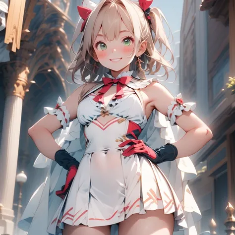 Very detailed, eyes simples,(Outdoor,Hands on hips),(chest grandes),((One girl)), Hinds_(Princess_Connect!),Franja, therefore_bow, blonde_hair, green_eye, blush, bow, chest, cable, layer, dress, Our, gloves, hair_bow, hair_ornament,length_hair, Looking for...