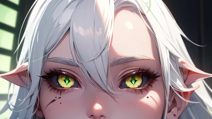 1girl, white hair, green eye, black sclera, detailed face, beautiful face, detailed eye, elf, tattooed, full body, tall, perfect...