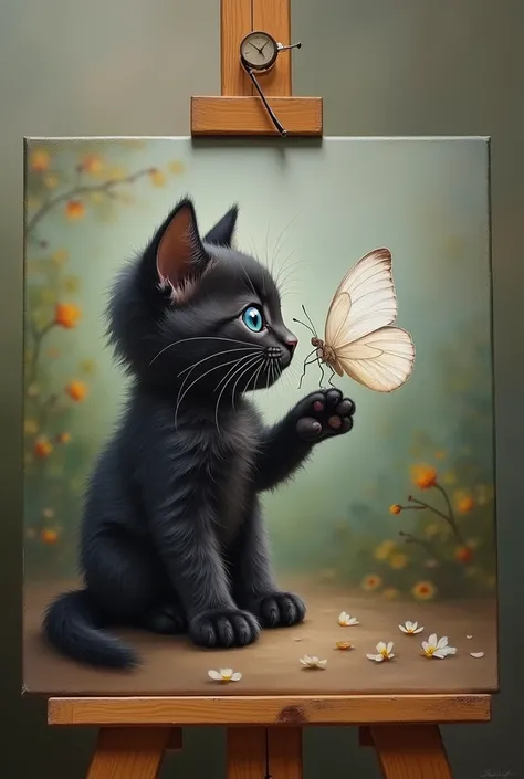 Create an oil painting on canvas on a tripod of a black kitten playing with an albino butterfly