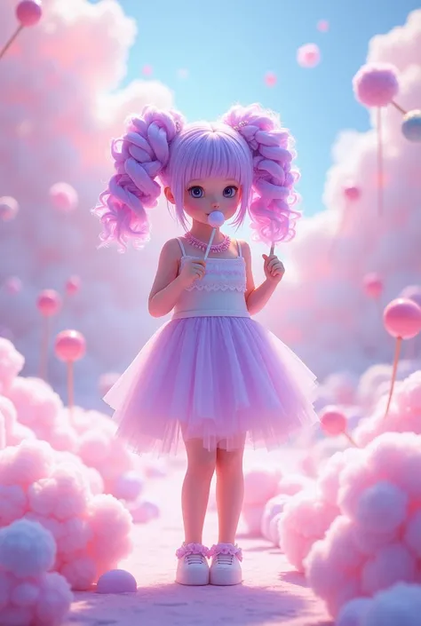 curly hair with twin tails　Hair color light purple and pink　A lollipop (lolly candy) in your mouth　Clothes Dress inspired by Cotton Candy The colors are light purple, pink, and white with a fluffy skirt.　Atmosphere relaxed dream　scenery idol stage　The ligh...