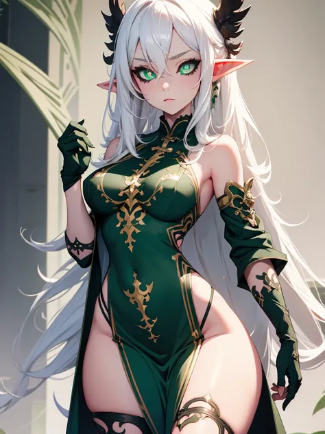 1girl, White hair, green eye, black sclera, detailed face, beautiful face, detailed eye, elf, tattooed, full body, tall, perfect anatomy, suggestive pose