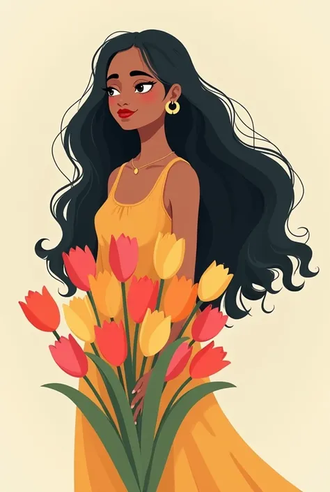 Indian one Women open hair, holding tulips in hand cartoon 
