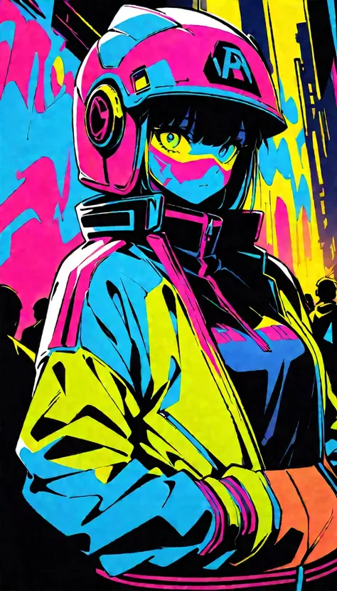 (high quality, 8k, 4K, High contrast, masterpiece:1.2, 最high quality, Best aesthetics), (Dynamic Angle), ((1 female)), ((Cyberpunk)), ((Flat Color)), ((Colorful art)),helmet,Riders jacket, Looking at the audience, Upper body colored background, High contra...