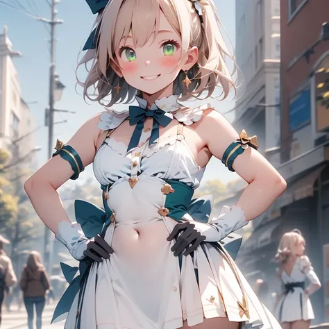 Very detailed, eyes simples,(Outdoor,Hands on hips),(chest grandes),((One girl)), Hinds_(Princess_Connect!),Franja, therefore_bow, blonde_hair, green_eye, blush, bow, chest, cable, layer, dress, Our, gloves, hair_bow, hair_ornament,length_hair, Looking for...