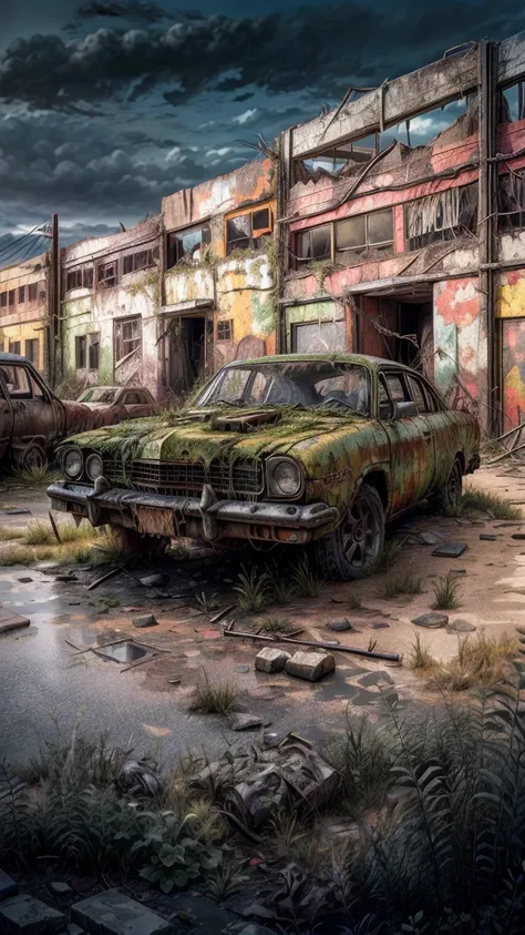 Dead and ruined city filled with decay, rust, moss, plant roots, grass, apocalypse,damaged and destroyed cars,8k,realistic,intricate detail,Masterpiece, Accurate, Award Winning, Best Quality, Detail, Damaged, HD, Textured Skin, moss everywhere