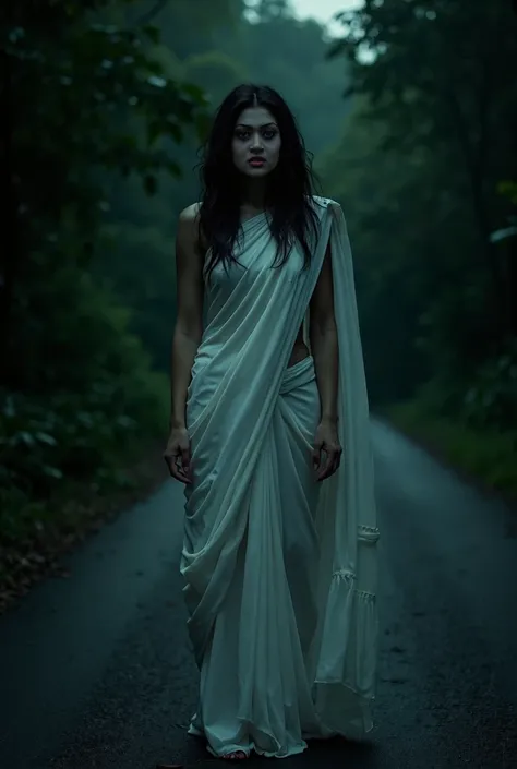 a close On a dark, isolated jungle road at night, a mysterious woman stands in the middle of the path. Her solid chiffon white saree flows unnaturally, as if moved by an eerie force. Her face is pale, with glowing red eyes piercing through the darkness. Sh...