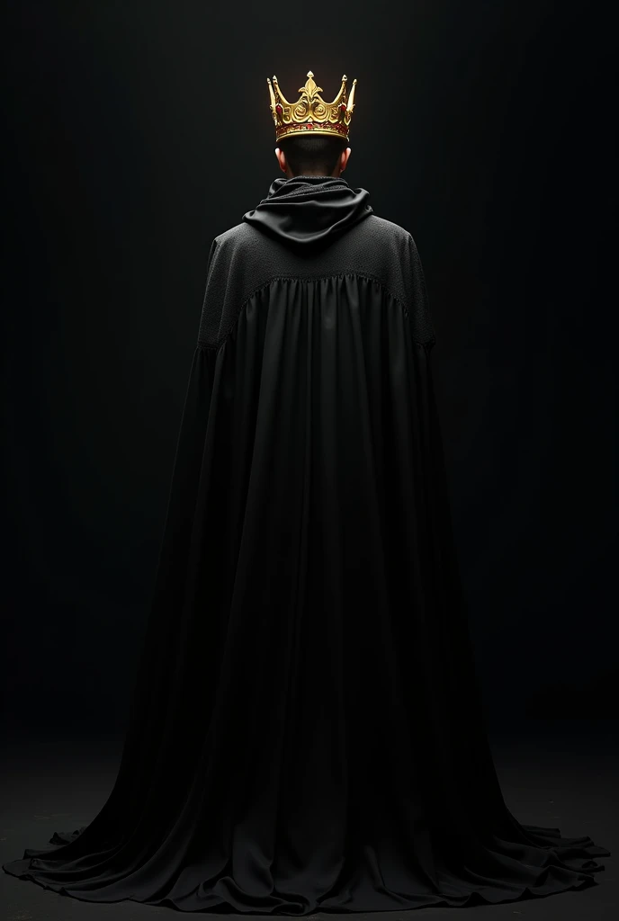 an adult with a realistic golden crown on his back wearing a cape and black clothes realistic black background