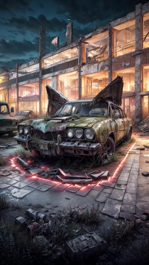 Dead and ruined city filled with decay, rust, moss, plant roots, grass, apocalypse,damaged and destroyed cars,8k,realistic,intricate detail,Masterpiece, Accurate, Award Winning, Best Quality, Detail, Damaged, HD, Textured Skin, moss everywhere