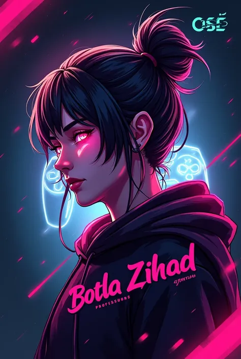 PROMPT

Create a Youtube Banner for a Professional Gaming channel, the name "BOTLA ZIHAD " in a futuristic font and a neon Black  colour. And Boy Anime Avtar, The youtube banner also has a stylized controller icon and a Free Fire Logo in the banner backgro...