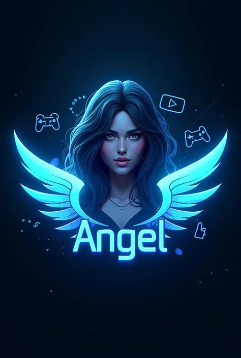 This is a gaming logo that features the name " Angel " in a futuristic font and a neon blue color. and Girl cinematic avatar, The logo also has a stylized controller icon and a YouTube play button in the background. The logo is designed to be attractive an...