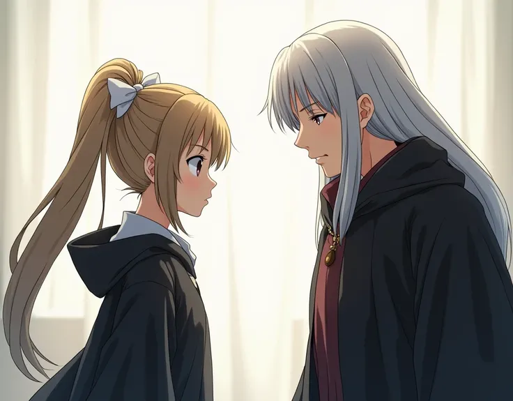 masterpiece anime, A girl dressed as a wizard, khaki long low twintails with white ribbons, Black Robe and black dress, One old women, Gray Hair, black robe, Two people facing each other, form side, upperbody.