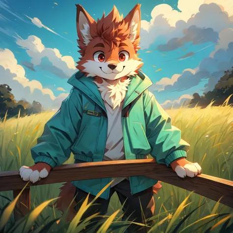 A red male furry who has a kinda big rail and its very fluffy and a big fluff on his forehead and smiling and he is wearing a cyan jacket but its closed and he is in a grassy feild