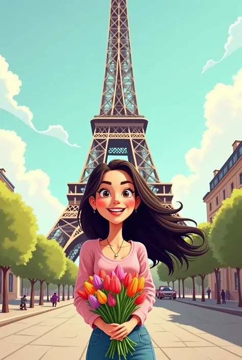 Indian one Women open hair, holding tulips in hand cartoon standing Infront Eiffel Tower 

