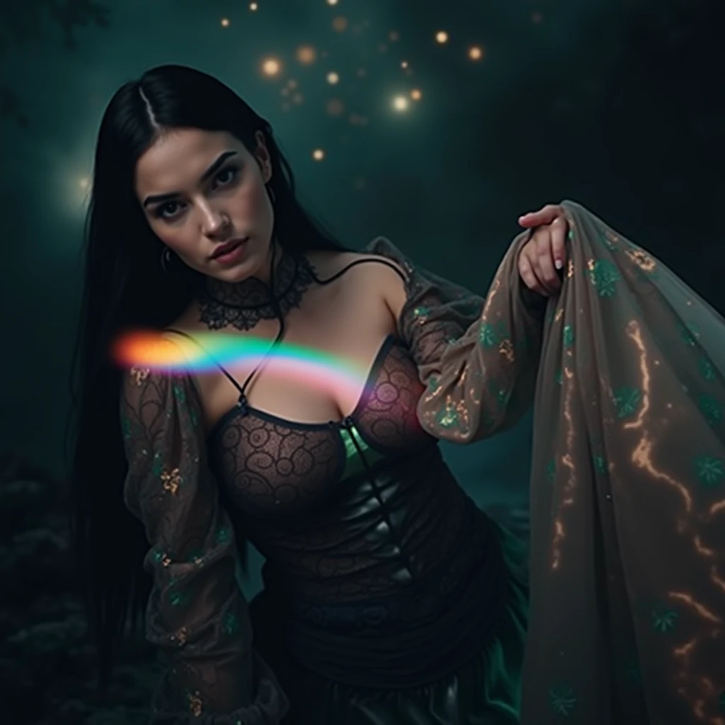 Beautiful Italian woman with long straight black hair , with cinematic lights.  facing the camera  Specific chest curvature.  open dress  Tight phosphorescent green shirt.Straw shot or American shot, image from the waist up. In a fantasy world full of fant...