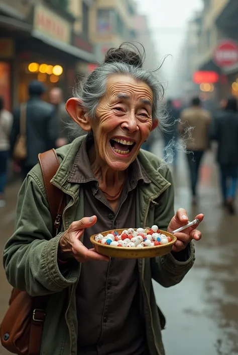 Very old lady smoking cigarette laughing selling gum 