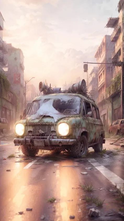 Dead and ruined city filled with decay, rust, moss, plant roots, grass, apocalypse,damaged and destroyed cars,8k,realistic,intricate detail,Masterpiece, Accurate, Award Winning, Best Quality, Detail, Damaged, HD, Textured Skin, moss everywhere