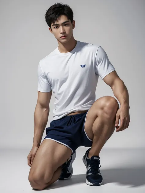 2 Handsome  naked Japanese guy ，Sexy pose, A 20 year-old man wearing a Bare chest shirt and Excellent shorts stands against a white background, navy blue, navy blue, Sports T-shirt, blue, Excellent Sportswear, Gorgeous and sexy clothes, Sportswear, Short s...