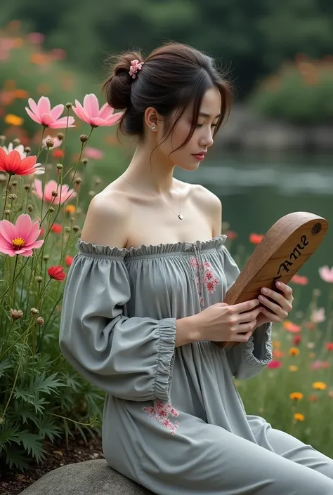 A  woman wearing Grey  Offshoulder cherry printed jumpshort,setting on the rock holding a wood carving  Word FATE , sorrunded by a cosmos flowers,full face front.shoot by LDSR camera