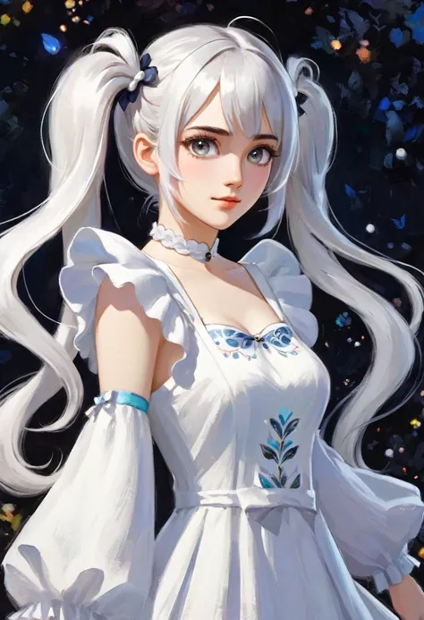  1 attractive Girl, Solo, Twin Tails, [Grey Eyes], Upper Body, Dress, white Hair ((Appolonia Sentclair  style!!!)), magical naive art, primitivism, protogenes,((Best quality, masterpiece)),
(Higher detail), Impressionism:1.1, 8k