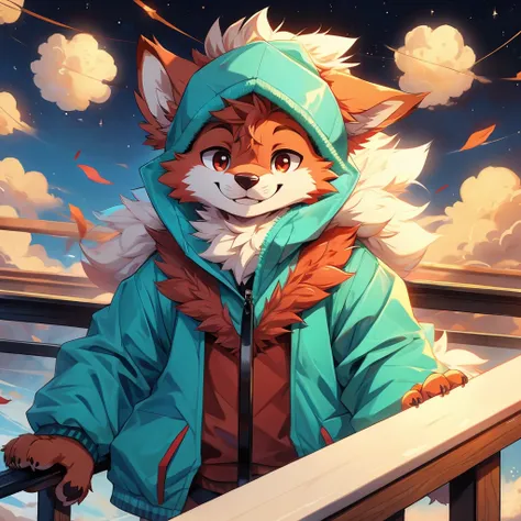 A red male furry who has a kinda big rail and its very fluffy and a big fluff on his forehead and smiling and he is wearing a cyan jacket but its closed and he is showing his paw