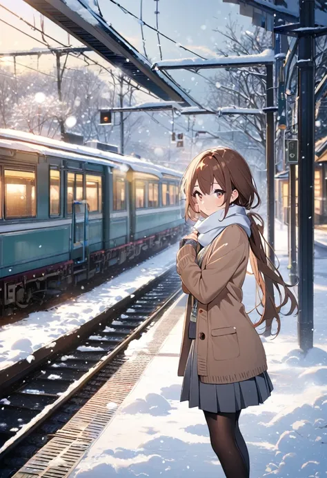 1 girl, brown hair, low ponytail, school uniform, blazer, cardigan, sleeves past wrists, necktie, gray skirt, pantyhose, shoes, looking at viewers, standing, outdoors, winters, snow, snow drop, train station, cowboy shot, scarf, from side