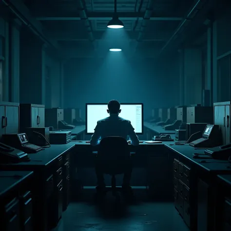 Absurd realistic photo, Create an ultra-realistic scene of a lone person sitting in a dark office, illuminated only by the glow of a computer screen. The room is filled with rows of empty desks, each with old-fashioned office supplies such as rotary phones...