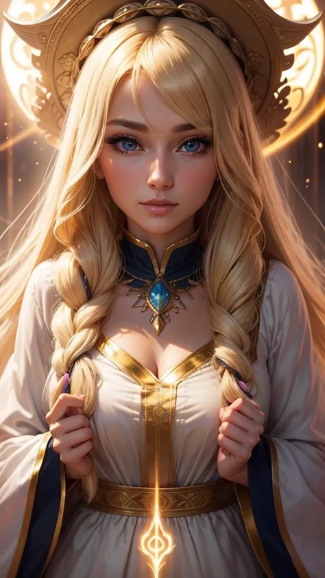 Close-up of a very pretty woman looking forward, Extremely high detail, Emitting a sacred aura, Long blonde hair, Mysterious