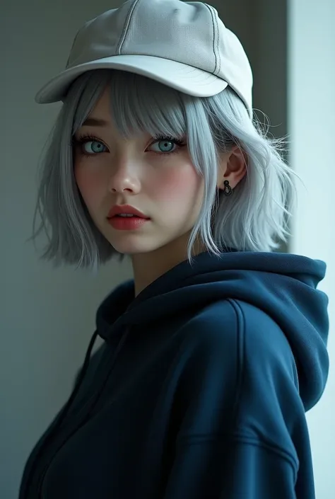 AI girl Cutie, attracted eye, kissable lips, killer smile, gray hair, blue dark hoodie, white cap