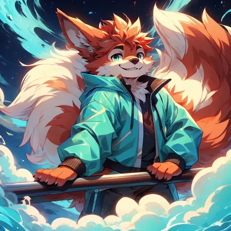 A red male furry who has a kinda big rail and its very fluffy and a big fluff on his forehead and smiling and he is wearing a cyan jacket but its closed