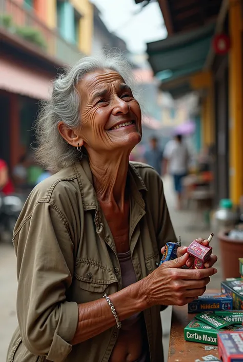 Very old woman smoking cigarette laughing selling gum on the streets of Nicaragua 