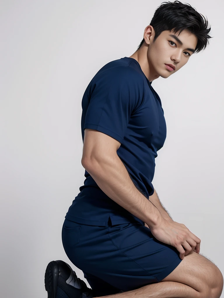 2 Handsome  naked Japanese guy ，Sexy pose, A 20 year-old man wearing a Bare chest shirt and Excellent shorts stands against a white background, navy blue, navy blue, Sports T-shirt, blue, Excellent Sportswear, Gorgeous and sexy clothes, Sportswear, Short s...