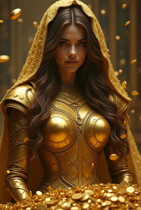 a beautiful woman with an evil laughing face, wearing armor made of gold, holding a lot of gold coins, hd, ultra detailed, realistic