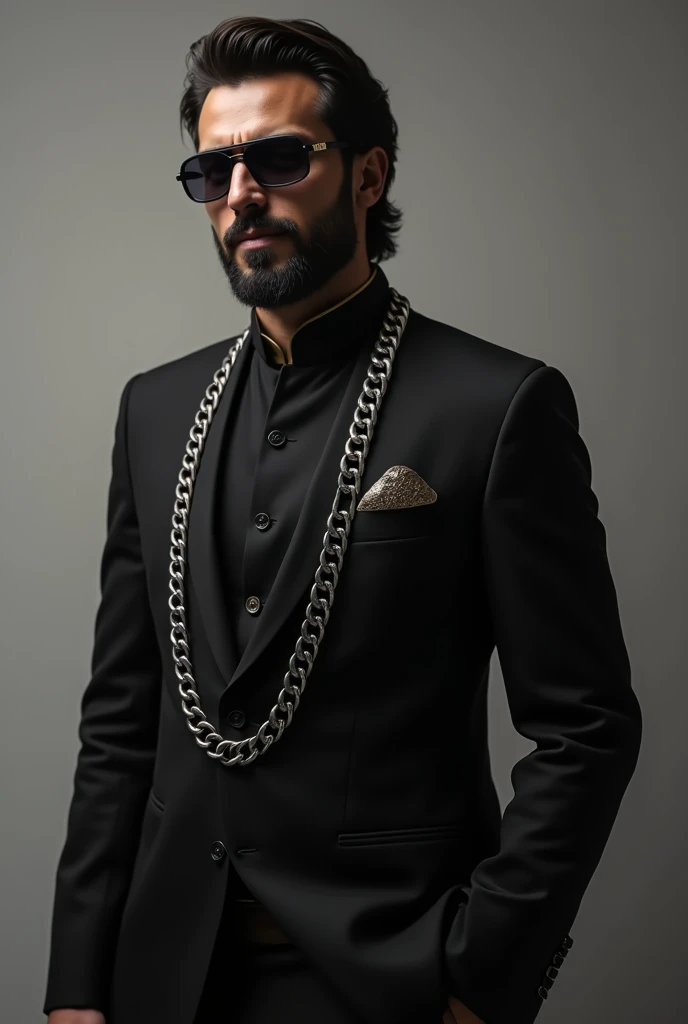 An image of guy in Black Jodhpuri with silver chain