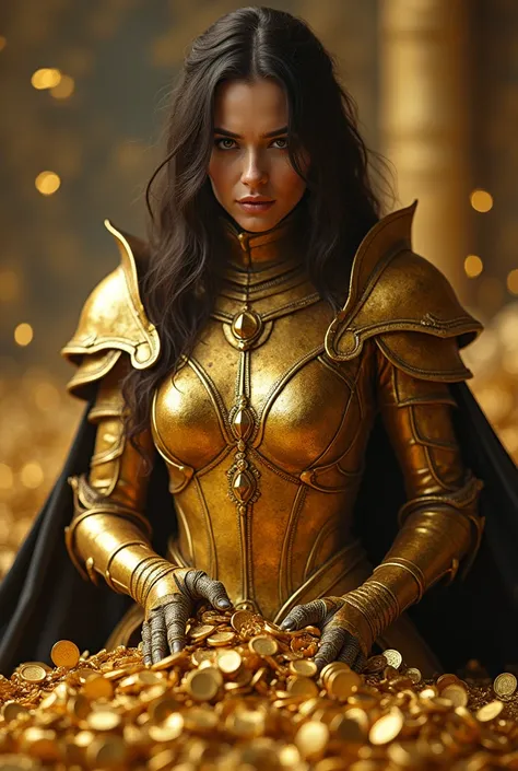 a beautiful woman with an evil laughing face, wearing armor made of gold, holding a lot of gold coins, hd, ultra detailed, realistic