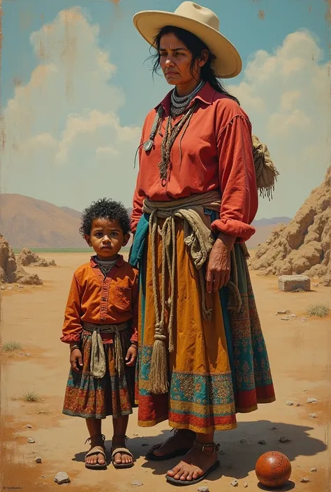 Painting with a lady in a skirt and her son representing poverty in the style of the painter Mamani Mamani 