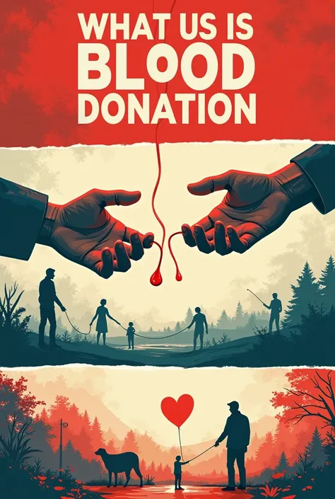 Poster on blood donation, divided it in three parts horizontally like a comic rows 
In one part make two hands connected by a threat of blood 
On second make something more creative like a story of something 