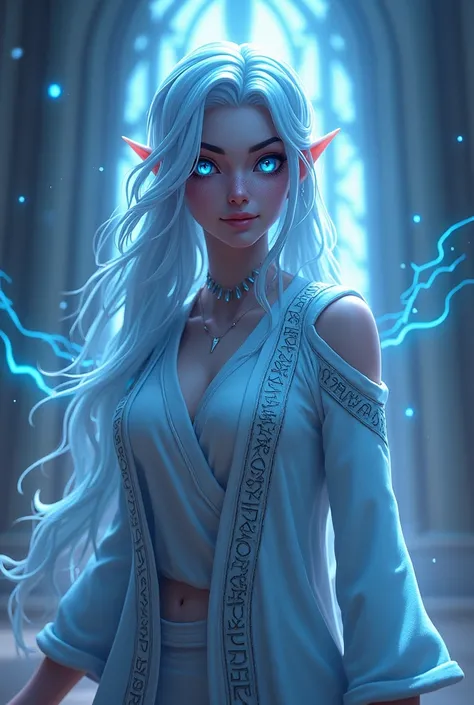 fortnite style girl, full body, extremely long white hair, broad hips, blue colored eyes, white skin, wearing a simple cleric robe adorned with glowing runes along the borders, no cleveage, modest outfit, magical aura, ethereal and enchanting atmosphere