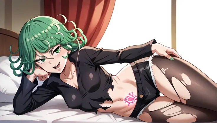 tatsumaki | one punch man, ​masterpiece, top quality, solo, glowing red eyes, lower abdomen tattoo, adult woman,, provocative sm...