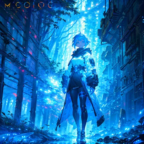 (magazine cover:1.1),Mystic forest,(masterpiece:1.2), (best quality), very detailed,midjourney,fantasy, horizon, 1 girl,Solo Full Body Shot,perfect face,colorfull,(short blue hair:0.5), (blue eyes:1.4),Cyberpunk clothes,sparkling, glittering, swirling,ligh...