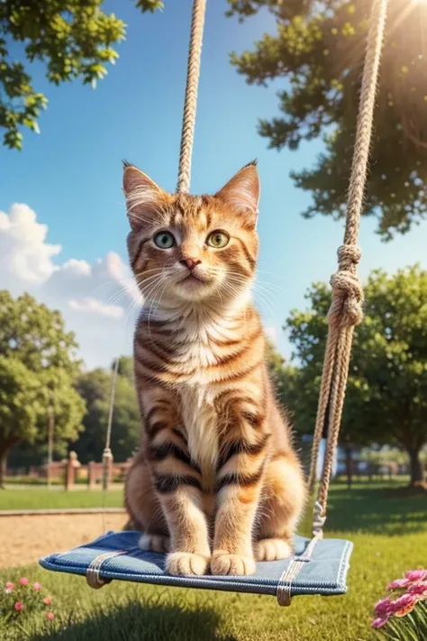 A beautiful mama cat with its kittens, riding on a swing in a sunny park, photo realistic, 8k, highly detailed, photorealistic, hyper detailed, masterpiece, warm lighting, vibrant colors, soft focus, adorable kittens, cats eyes are extremely detailed, cats...