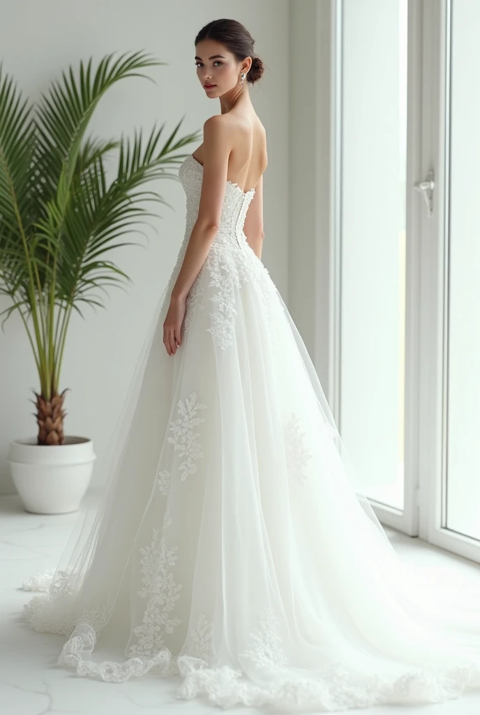 est quality, 8k, 32k, Masterpiece, Masterpiece, (Photorealistic: 1.4), RAW photo, ultra realistic, 1girl，solo，Fashion model，Wearing a white ballgown wedding dress， Sweetheart Neckline style, Lace material, long tail, full body, in white room with indoor de...