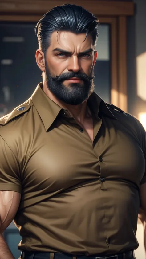 a muscular man, middle-aged, 56 y.o, quiff hairstyle, dark blue hair, dark blue mustache, dark blue beard, beige blouse, dark br...