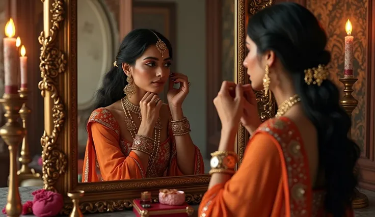 In huge lucknowi Tawaif kotha, room a Tawaif is getting ready in front of a big mirror 