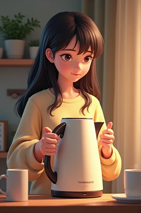 teenage girl using electric kettle