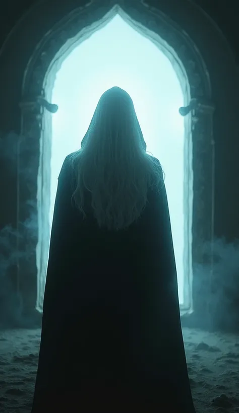 A moody, large-format photograph printed on rag paper of a hooded, robed figure with luminous white hair standing before a glowing, supernatural portal looking at the viewer. Use dramatic lighting and deep shadows to suggest a link to the divine or the unk...